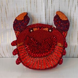 Red Hand-Beaded Crab Bag | Red Statement Purse w/ Gold Chain | Resort Chic